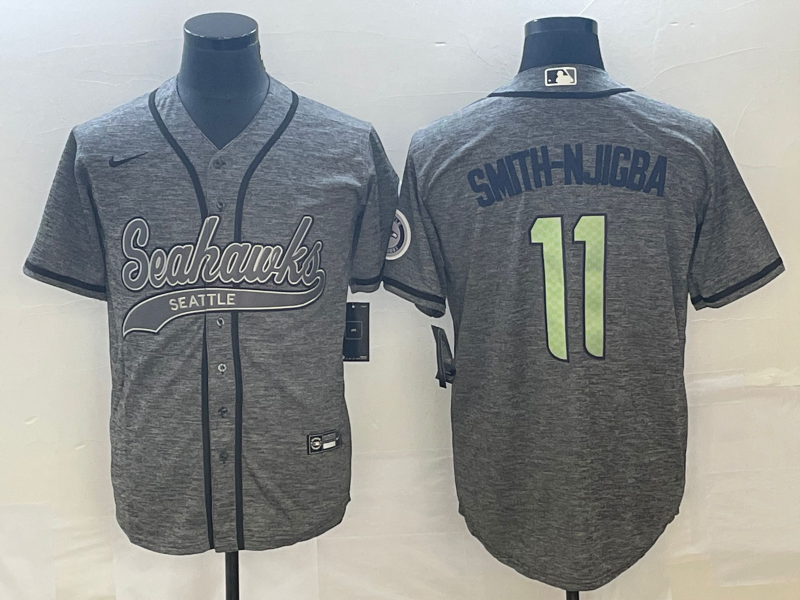 Men's Seattle Seahawks #11 Jaxon Smith-Njigba Grey With Patch Cool Base Stitched Baseball Jersey Men's Seattle Seahawks #11 Jaxon Smith-Njigba Grey With Patch Cool Base Stitched Baseball Jersey